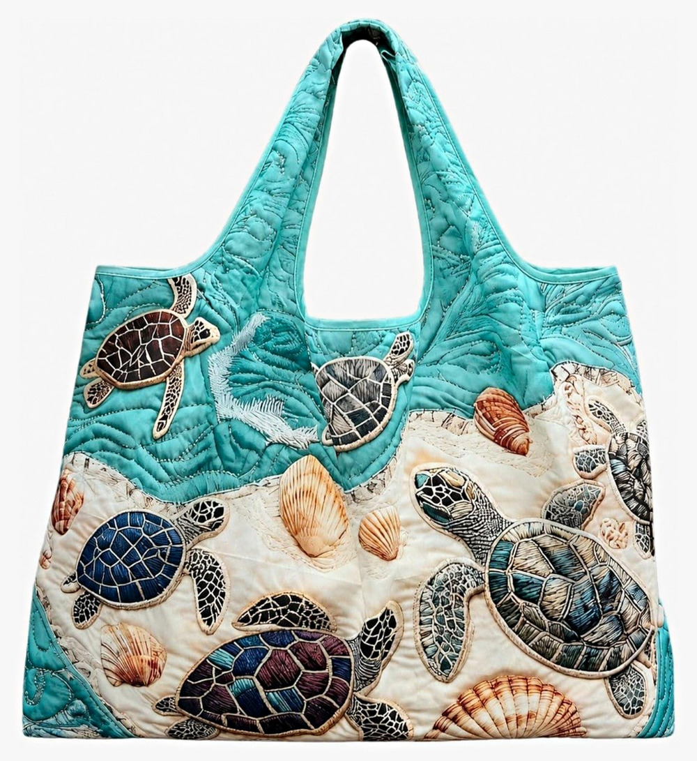 Sea Turtle Quilted Tote Bag Turquoise Beach Coastal Reusable Shopping Bag Large